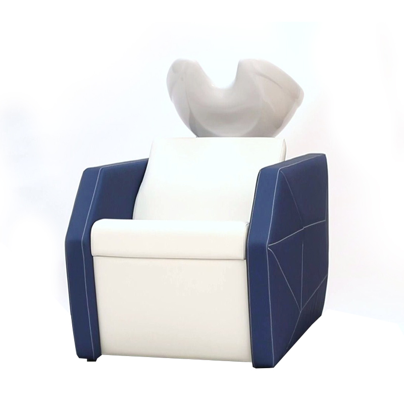 Cadeira de cabeleireiro branca e azul escuro com encosto ergonómico