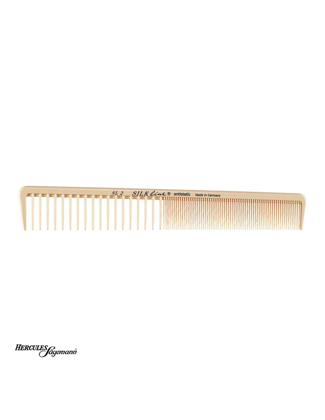 Pente de cabelo bege com dentes duplos e escrita preta em fundo branco