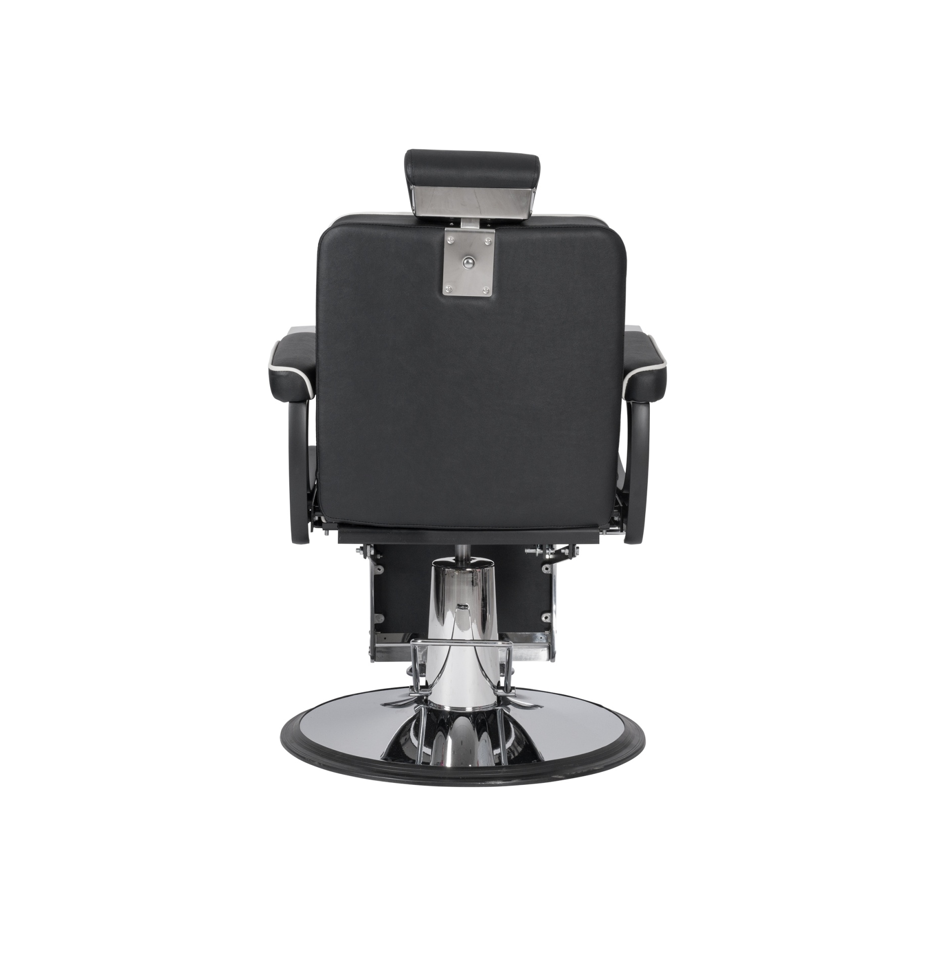 Cadeira de barbeiro preta vista de costas com base metálica redonda