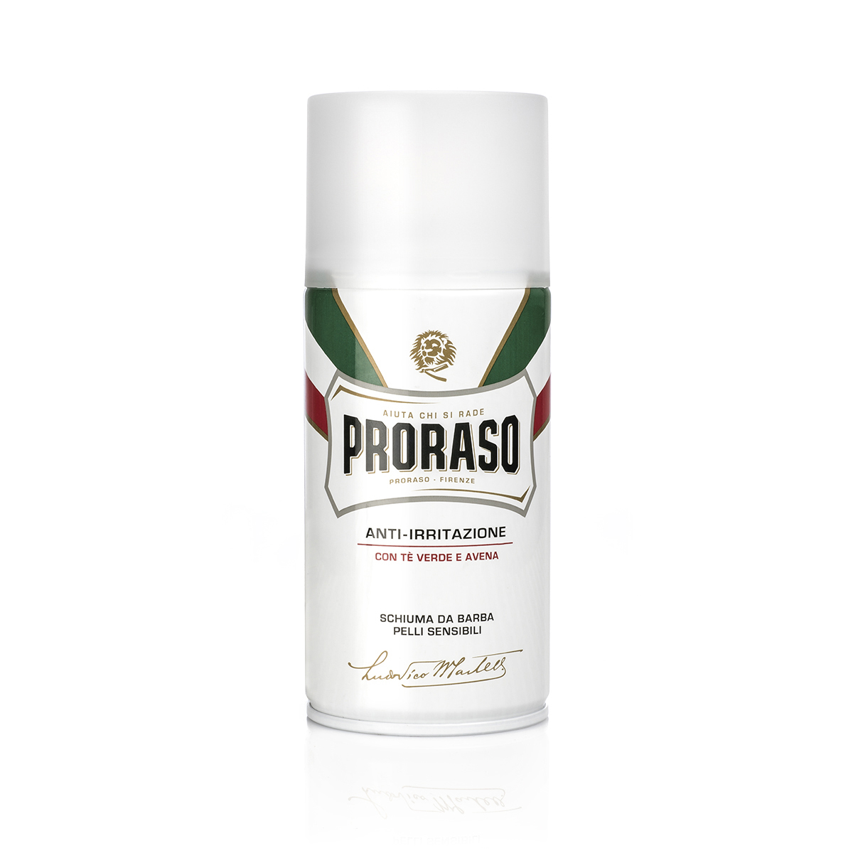 Embalagem branca de espuma de barbear Proraso com textos em italiano