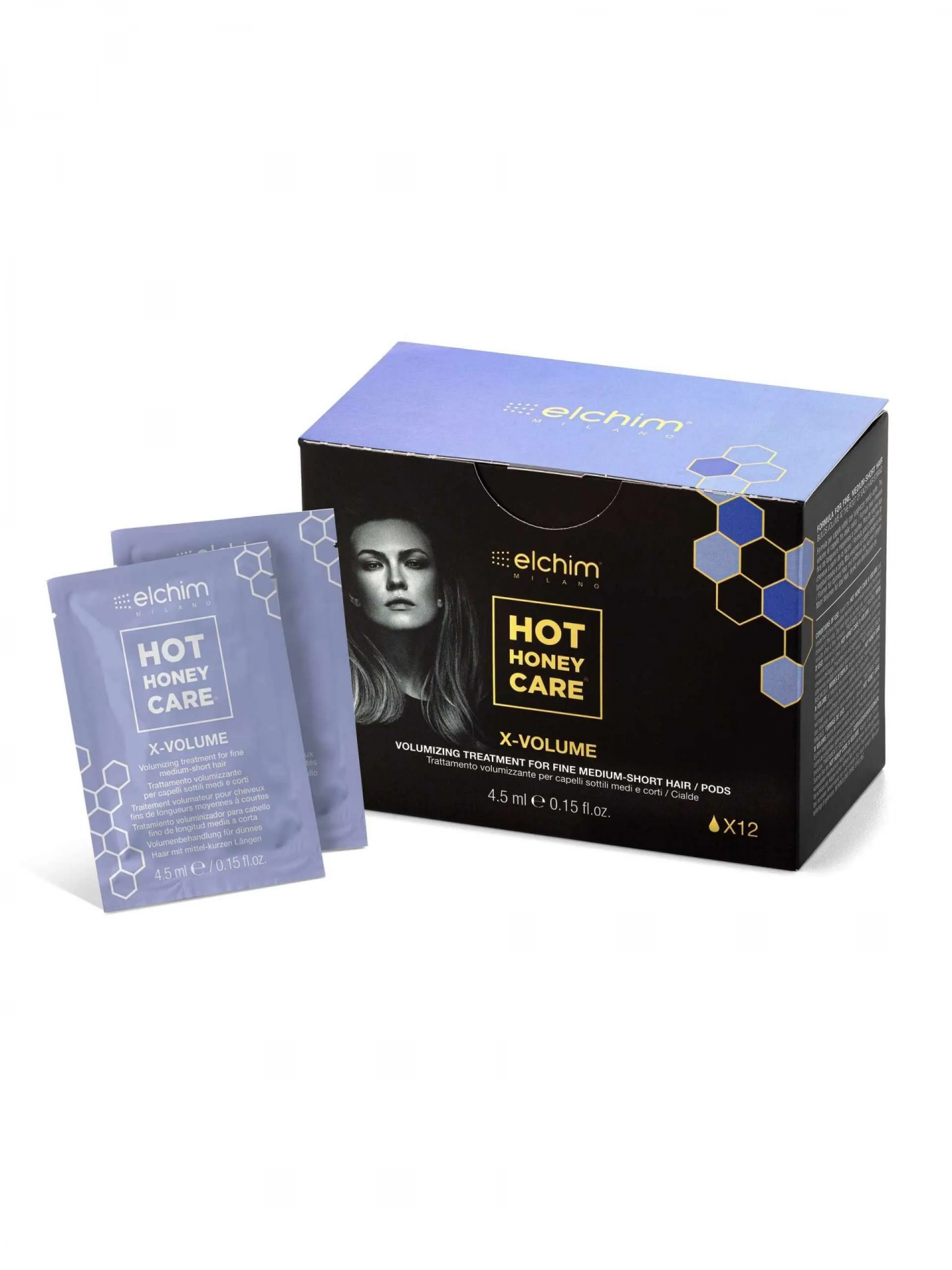 Produto Elchim Hot Honey Care X-Volume embalagem e frascos individuais lilás