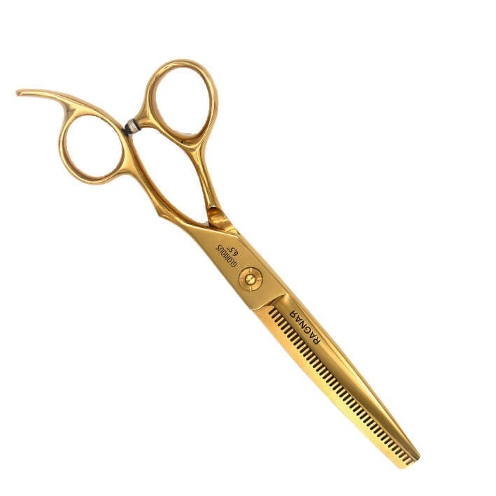 Tesoura de corte dourada de metal com dentes e texto gravado RAGNARN