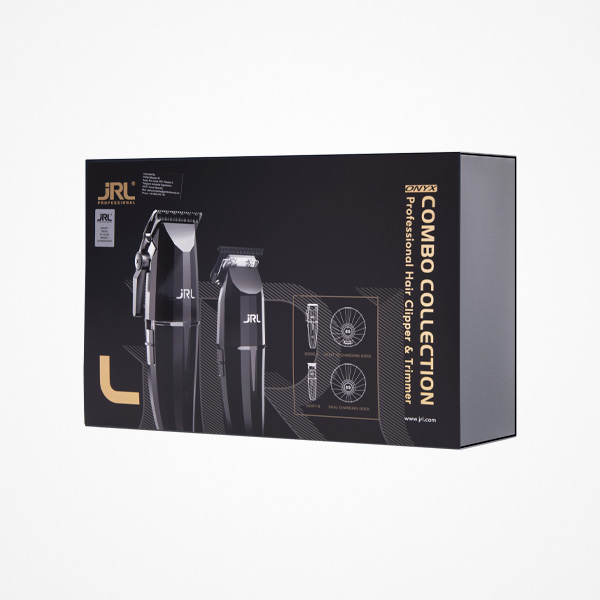 Caixa de conjunto profissional de máquina de cortar cabelo e aparador JRL em preto e dourado.