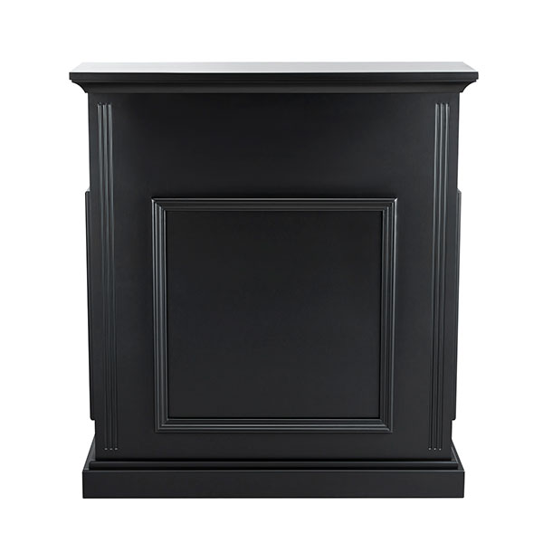 Móvel preto de madeira com painel central elevado e molduras decorativas.