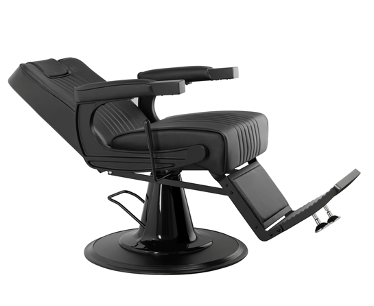 Cadeira de barbeiro reclinável preta com base redonda e apoios em metal
