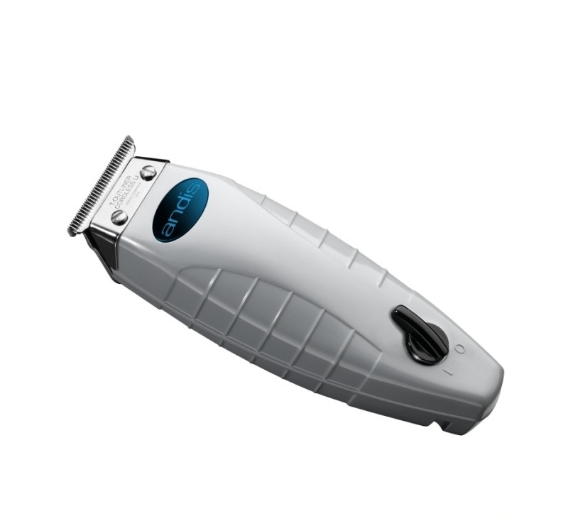 Máquina de cortar cabelo Andis branca com botão preto e lâmina metálica