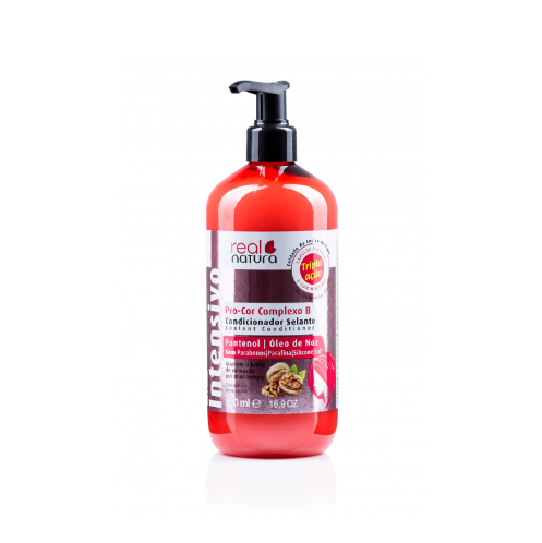 Frasco vermelho de condicionador com dispensador preto da marca real natura Intensivo