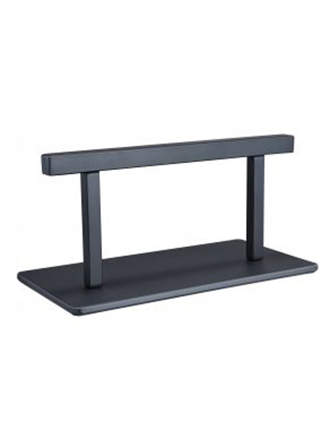 Suporte metálico preto com base retangular e barra horizontal
