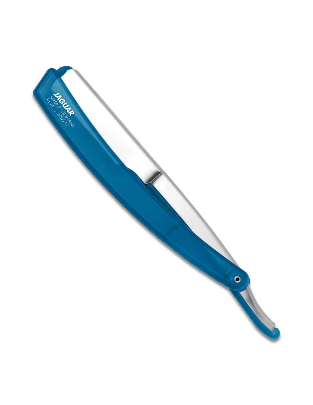 Navaja de barbero azul con hoja metálica y texto JAGUAR