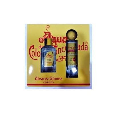 Dois frascos de perfume Alvarez Gómez em fundo amarelo com texto vermelho