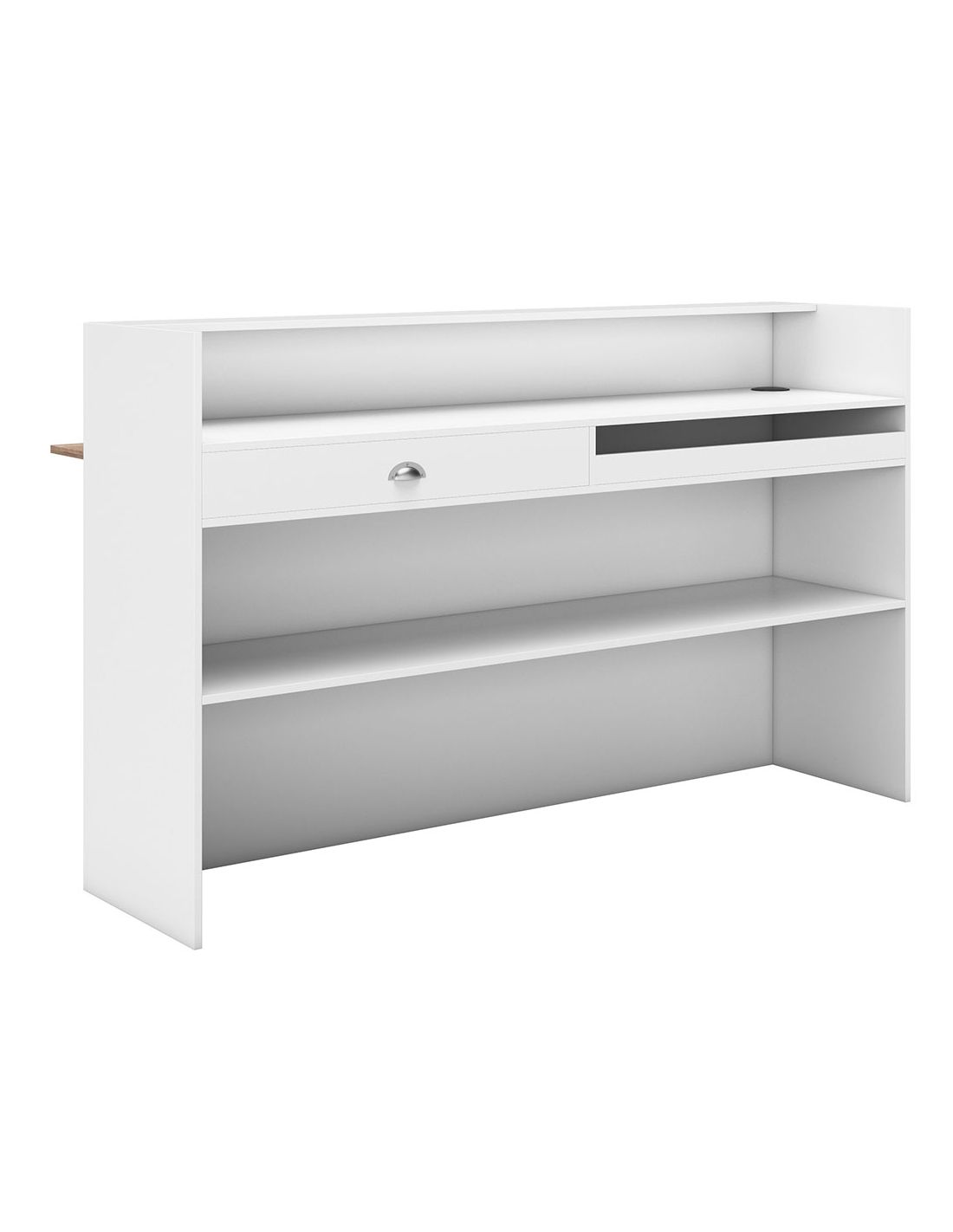 Móvel para escritório branco com prateleiras e gaveta