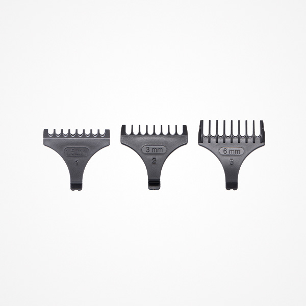 Três pentes de máquina de cortar cabelo pretos com diferentes tamanhos (1.5 mm, 3 mm, 6 mm)