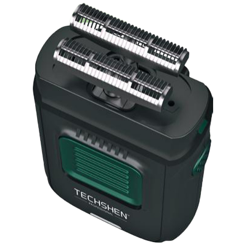 Aparelho de barbear elétrico preto e verde com lâminas metálicas duplas