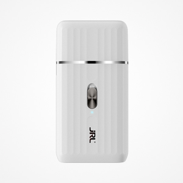 Dispositivo eletrónico branco com botão e luz LED azul sobre fundo branco