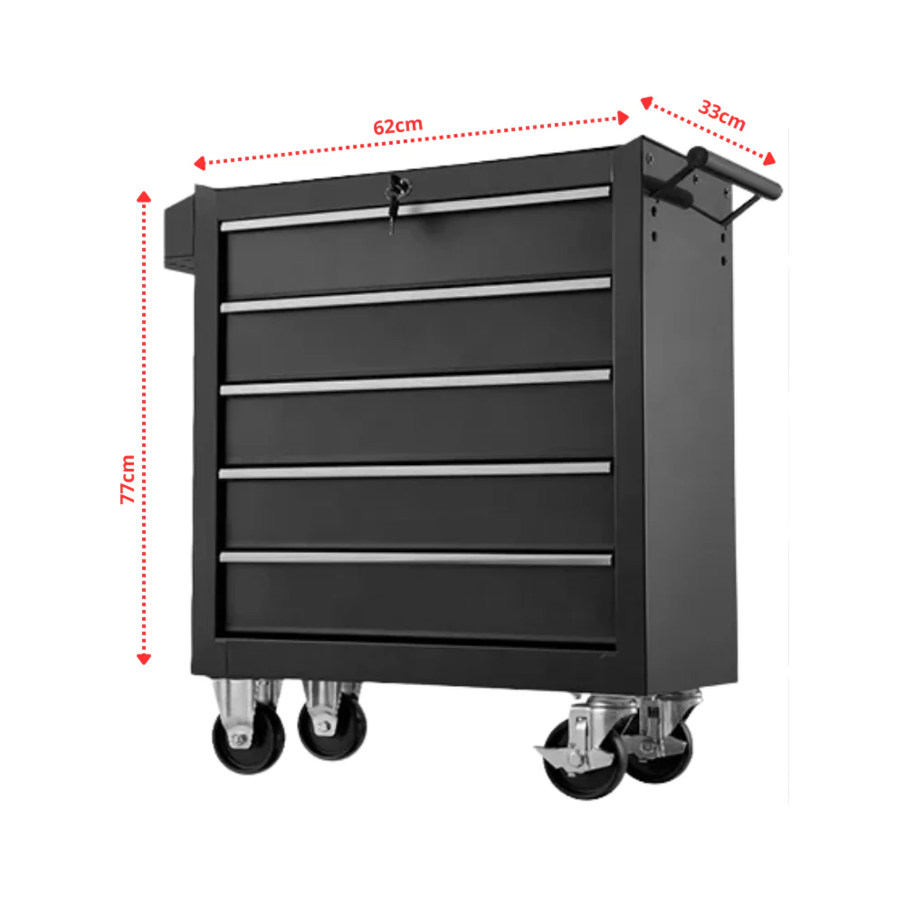 Carro de ferramentas metálico preto com cinco gavetas e rodízios.