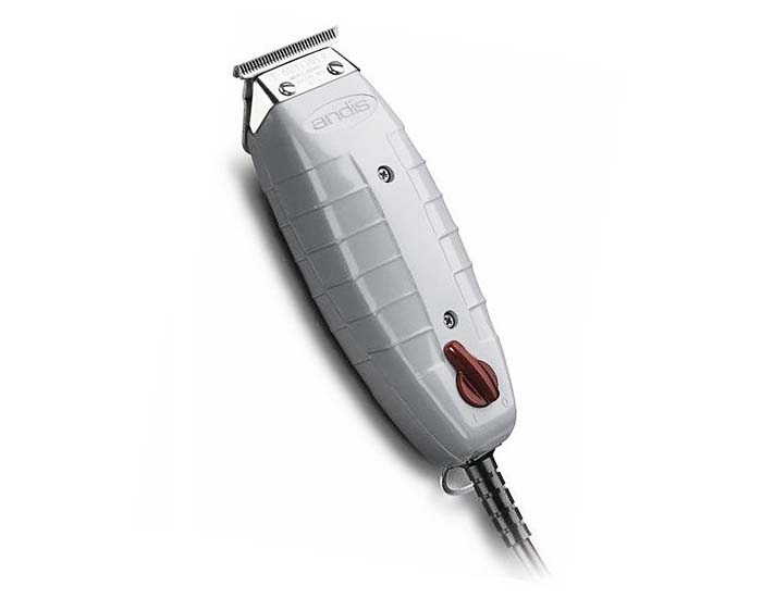 Máquina de cortar cabelo cinzenta com lâmina metálica e cabo ligado