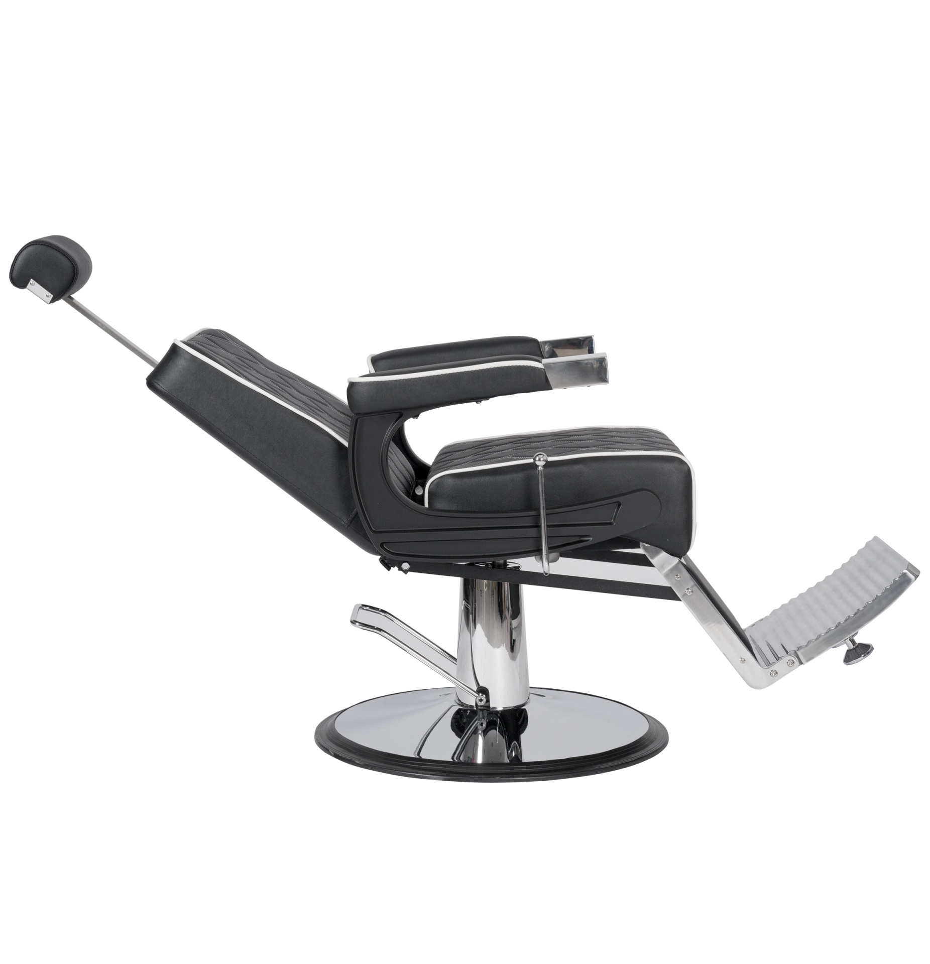 Cadeira de barbearia reclinável preta com apoio de cabeça e base cromada