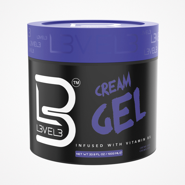 Frasco preto e roxo de gel creme LEVEL3 com texto e tampa roxa