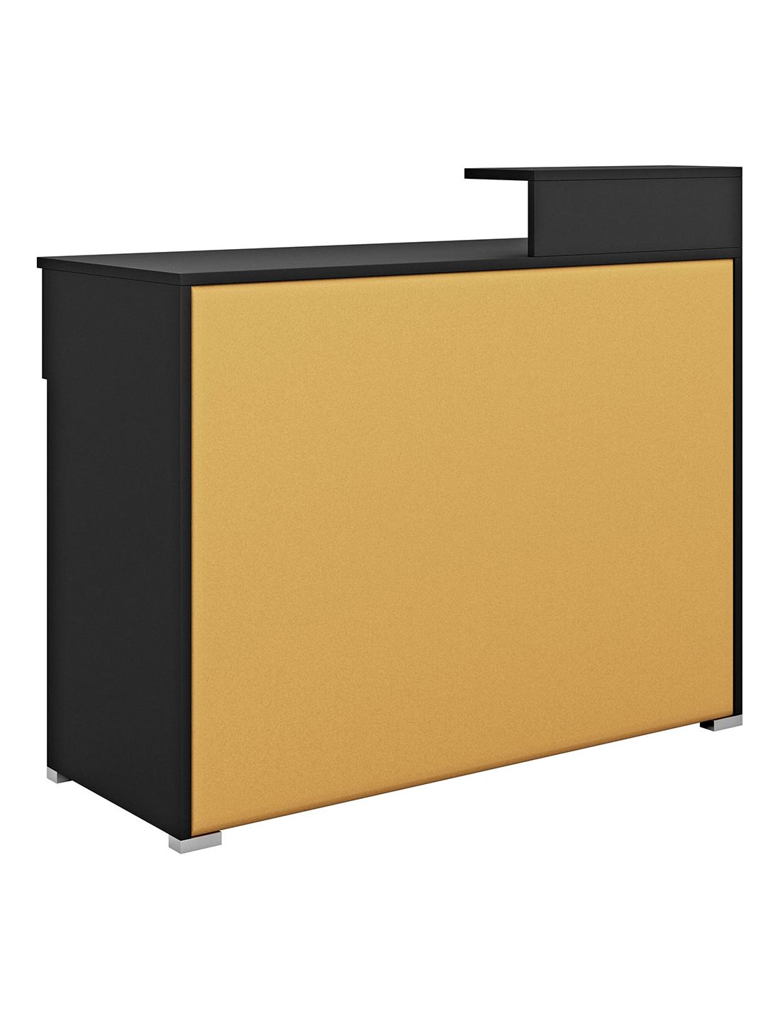 Mesa de receção preta com painel amarelo mostarda