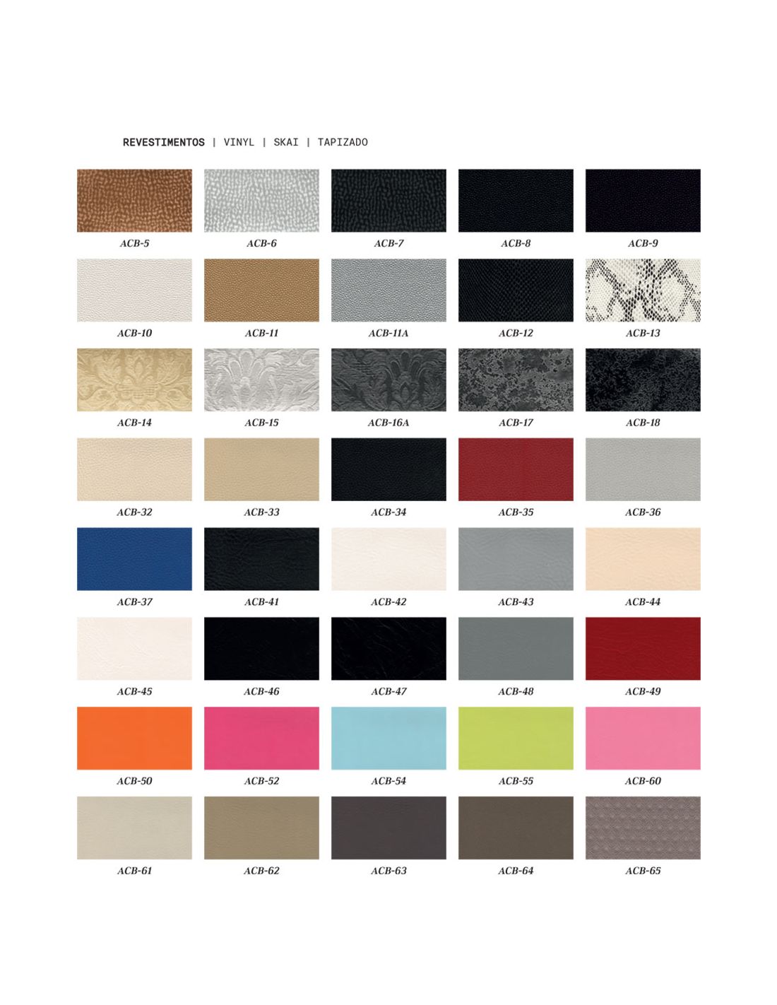 Tabela com amostras de revestimentos em várias cores e texturas com códigos identificadores.