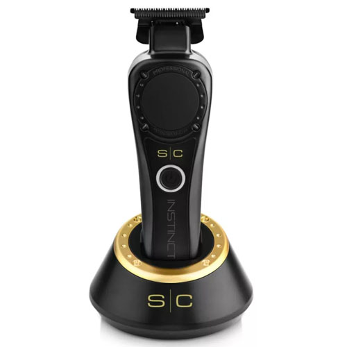 Aparelho de barbear elétrico preto com base de carregamento preta e dourada