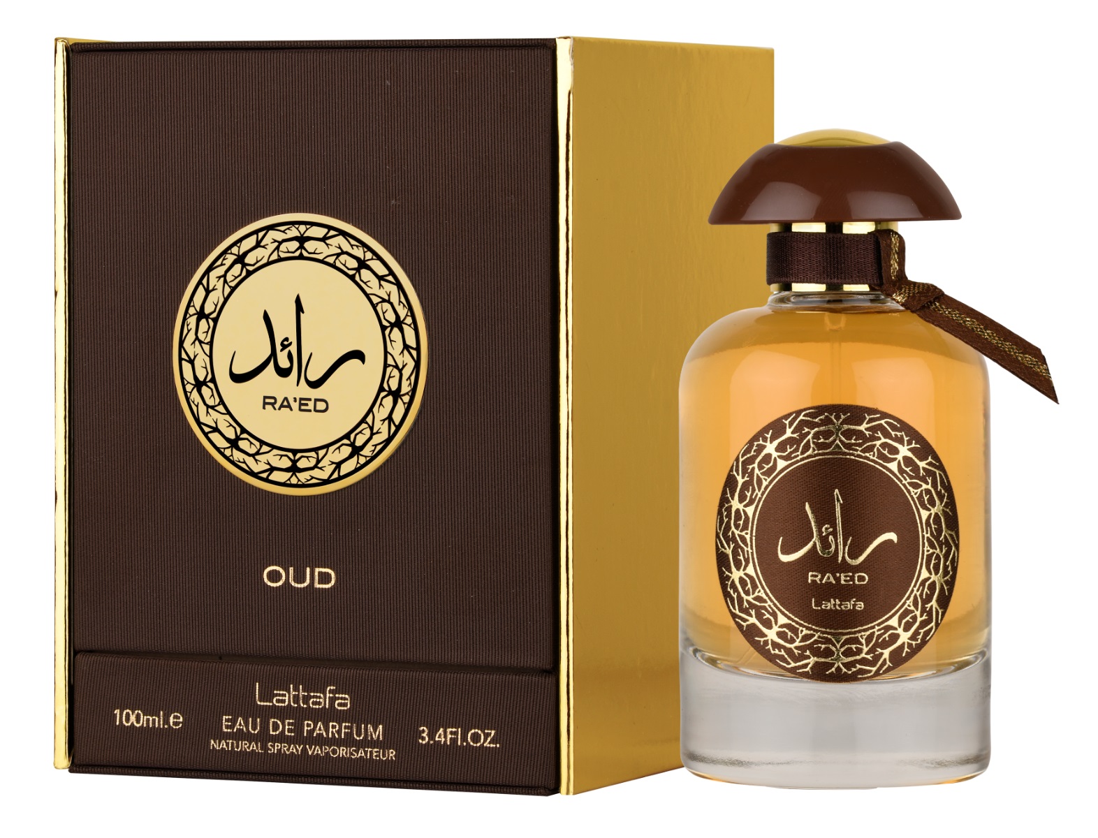 Frasco e caixa de perfume RA'ED Oud da Lattafa, castanho e dourado