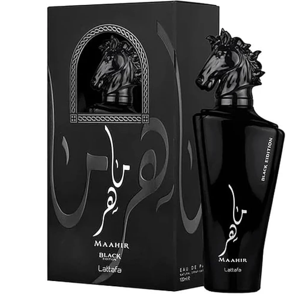 Frasco e embalagem preta de perfume Maahir Black Edition com tampa em forma de cabeça de cavalo