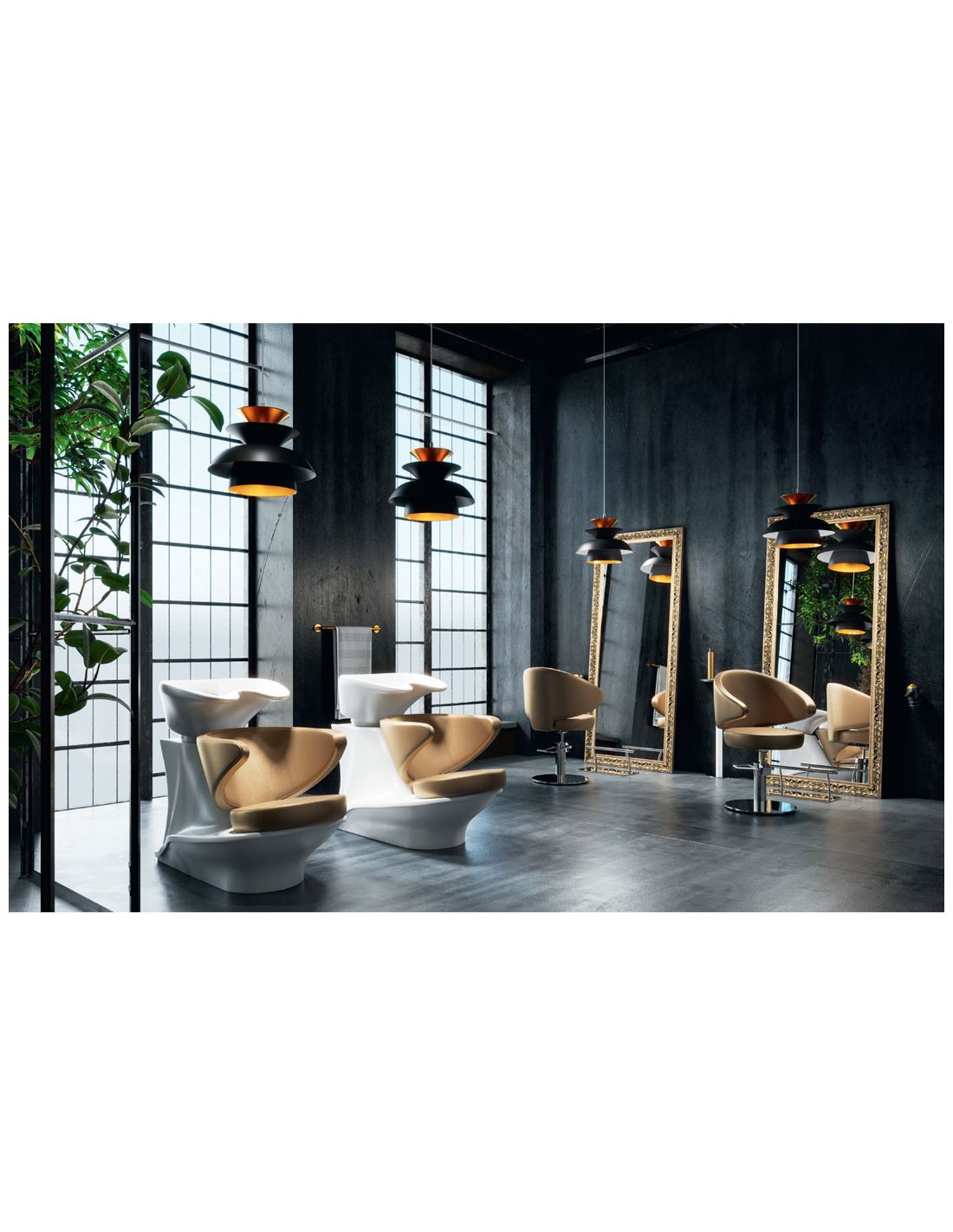 Salão de cabeleireiro com cadeiras de lavagem e corte, grandes espelhos e lâmpadas pendentes.