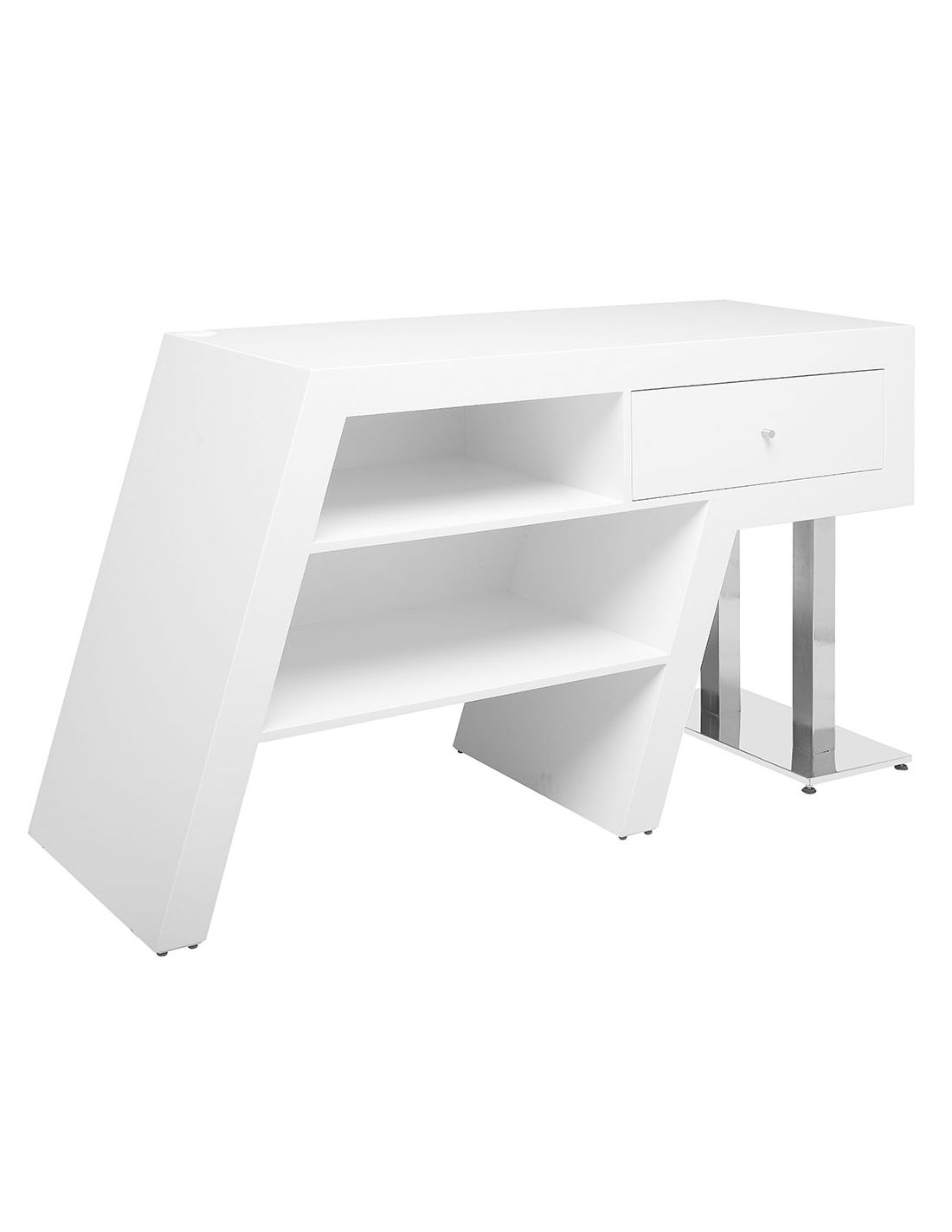 Móvel de escritório branco com duas prateleiras e gaveta, com perna metálica espelhada