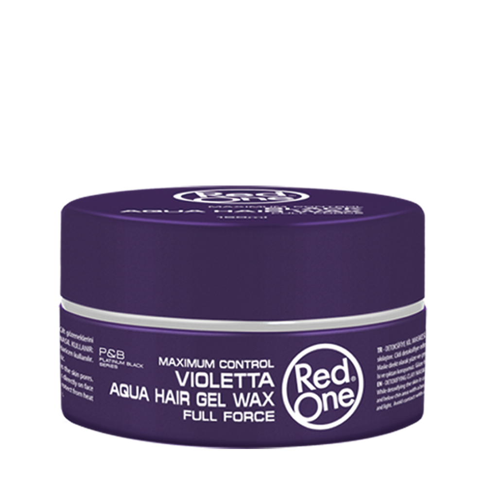 Pote roxo de cera para cabelo Red One Violetta com texto branco