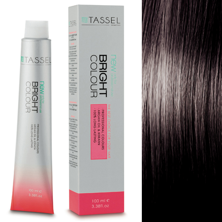 Tubo e caixa de tinta de cabelo Tassel Bright Colour 100 ml ao lado de mecha de cabelo preta brilhante.