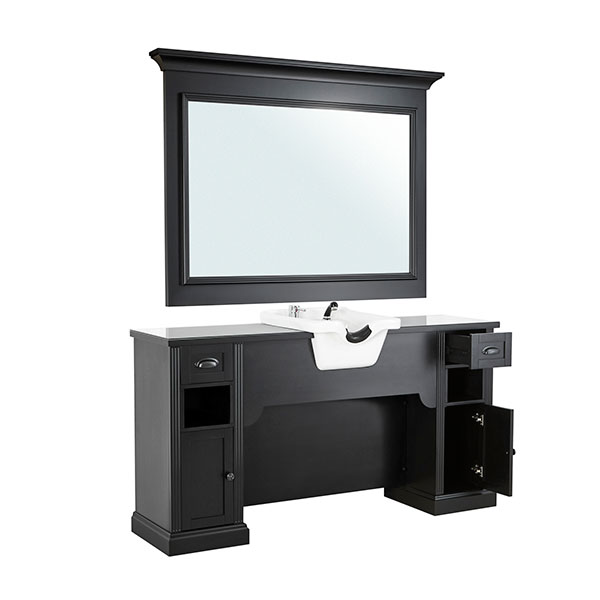 Conjunto móvel cabeleireiro preto com espelho e cuba branca