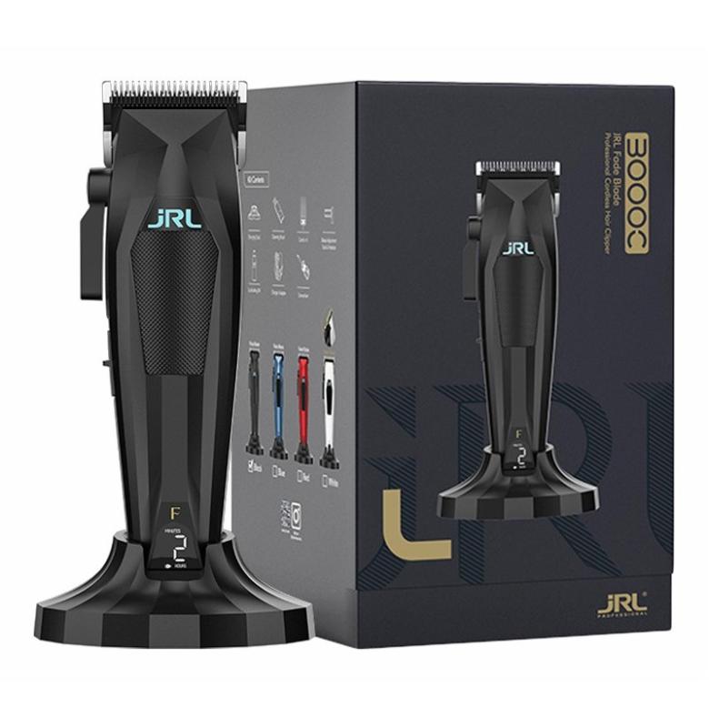 Máquina de cortar cabelo elétrica preta JRL com visor digital, suporte e embalagem preta