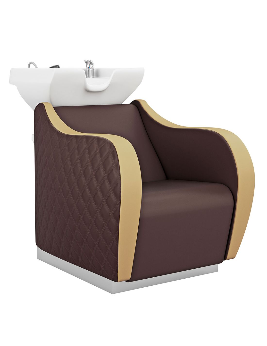Cadeira de lavatório para salão de beleza castanha e bege com lavatório branco