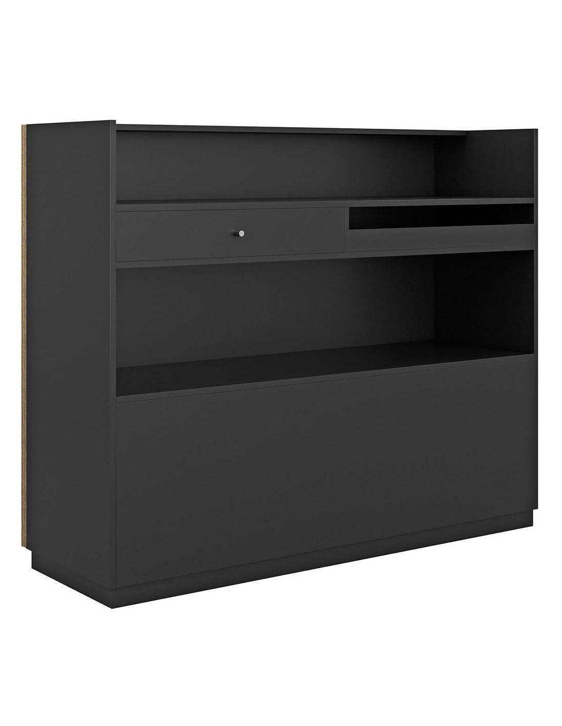 Móvel de apoio preto com gaveta e prateleiras