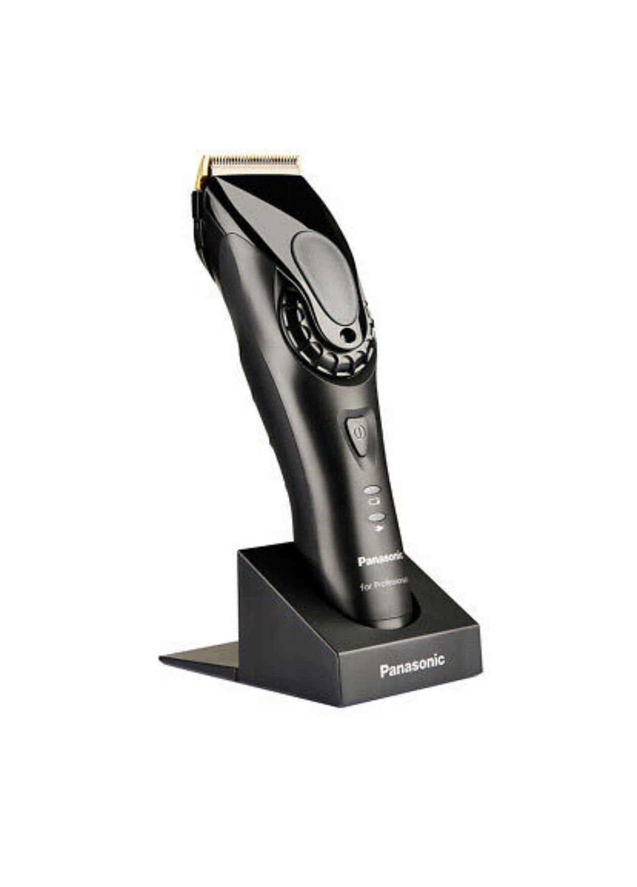 Máquina de cortar cabelo elétrica Panasonic preta na base de suporte preta