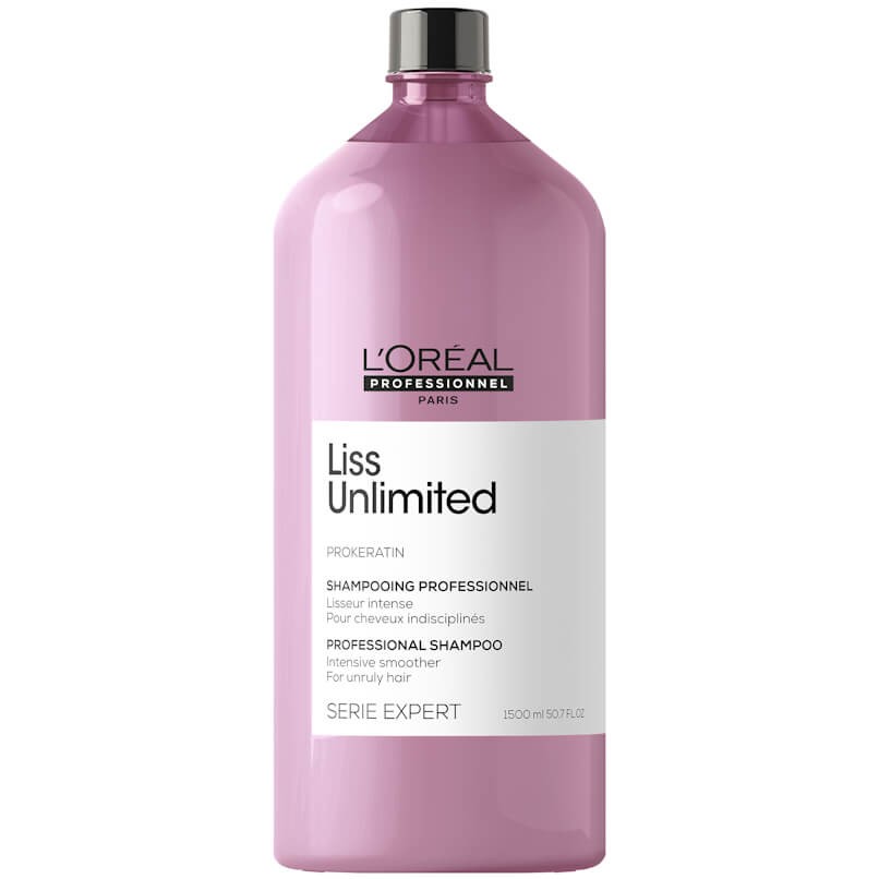 Frasco de champô profissional L'Oréal rosa com rótulo branco