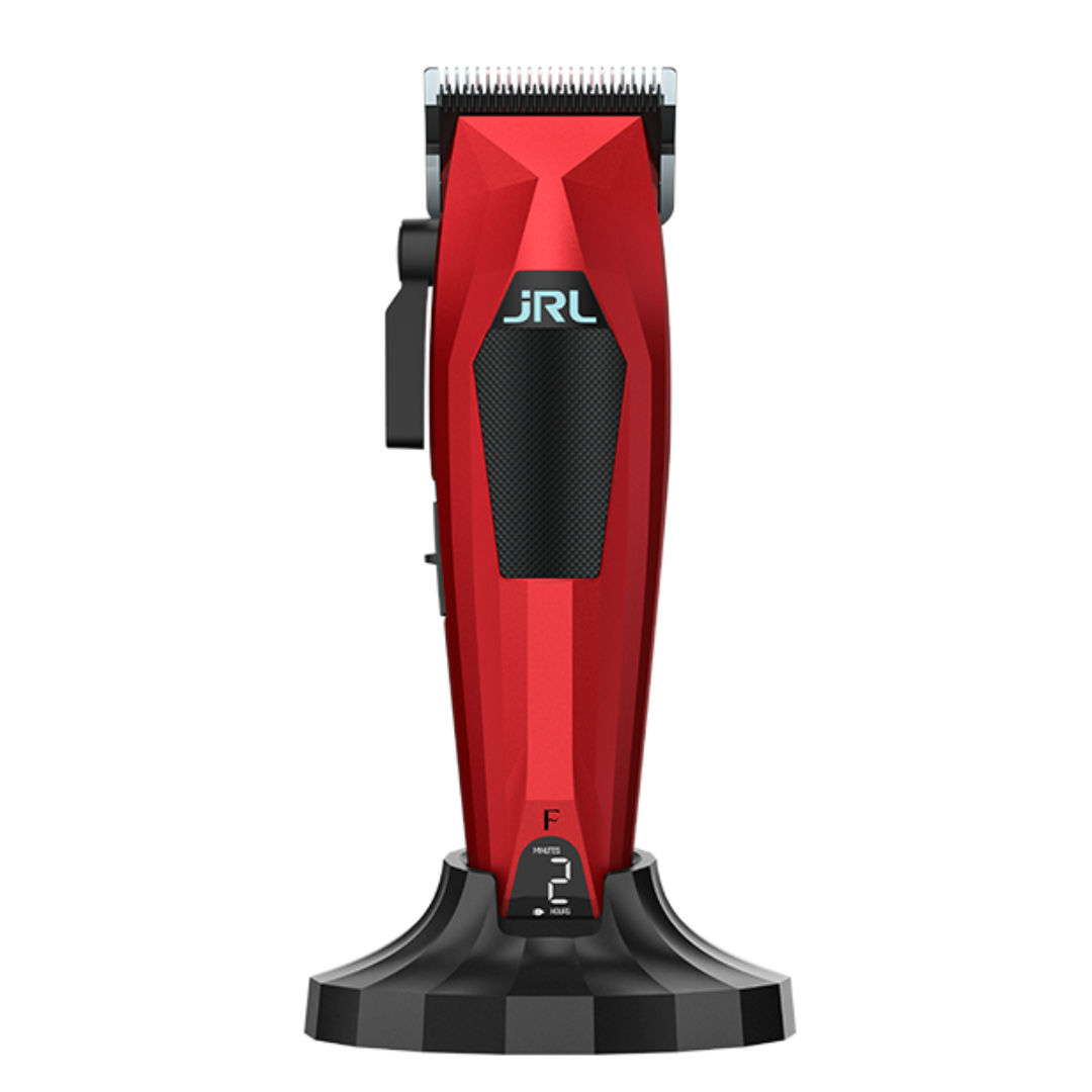 Máquina de cortar cabelo vermelha com base preta e visor digital
