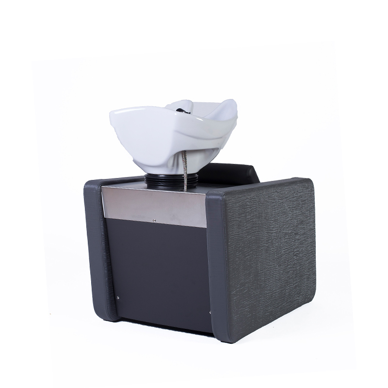 Lavatorio de salão de cabeleireiro com cuba branca e estrutura cinzenta