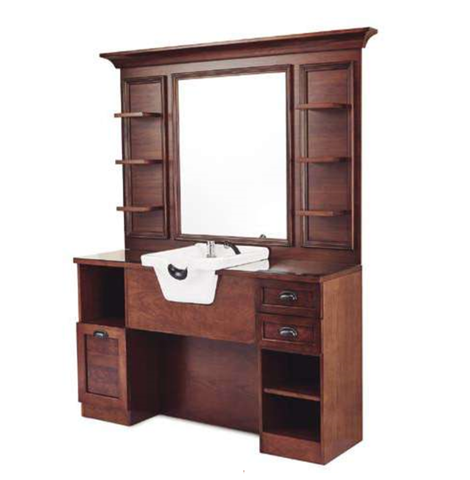 Móvel de cabeleireiro em madeira escura com espelho e lavatório