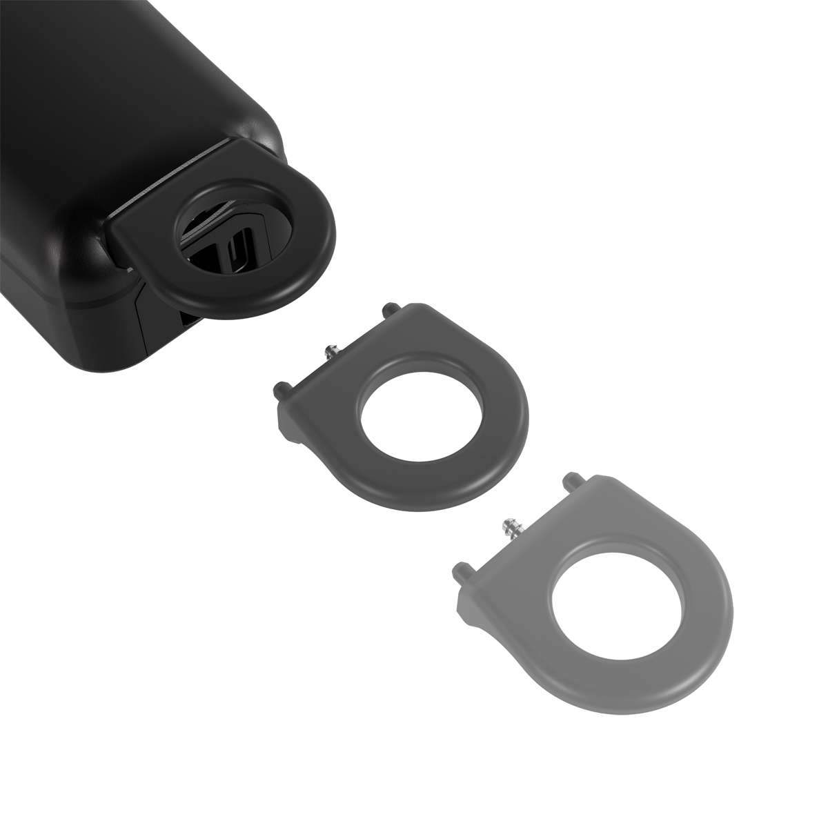 Dispositivo preto com dois inserts circulares destacáveis em preto e cinzento