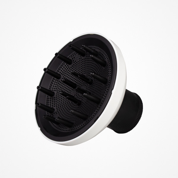 Difusor de cabelo redondo preto com aro branco e pontas grossas