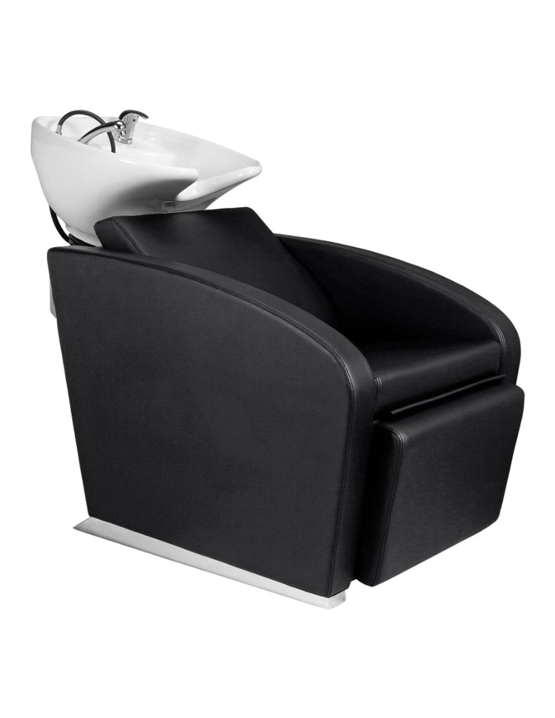 Cadeira de lavagem preta com lavatório branco para salão de cabeleireiro