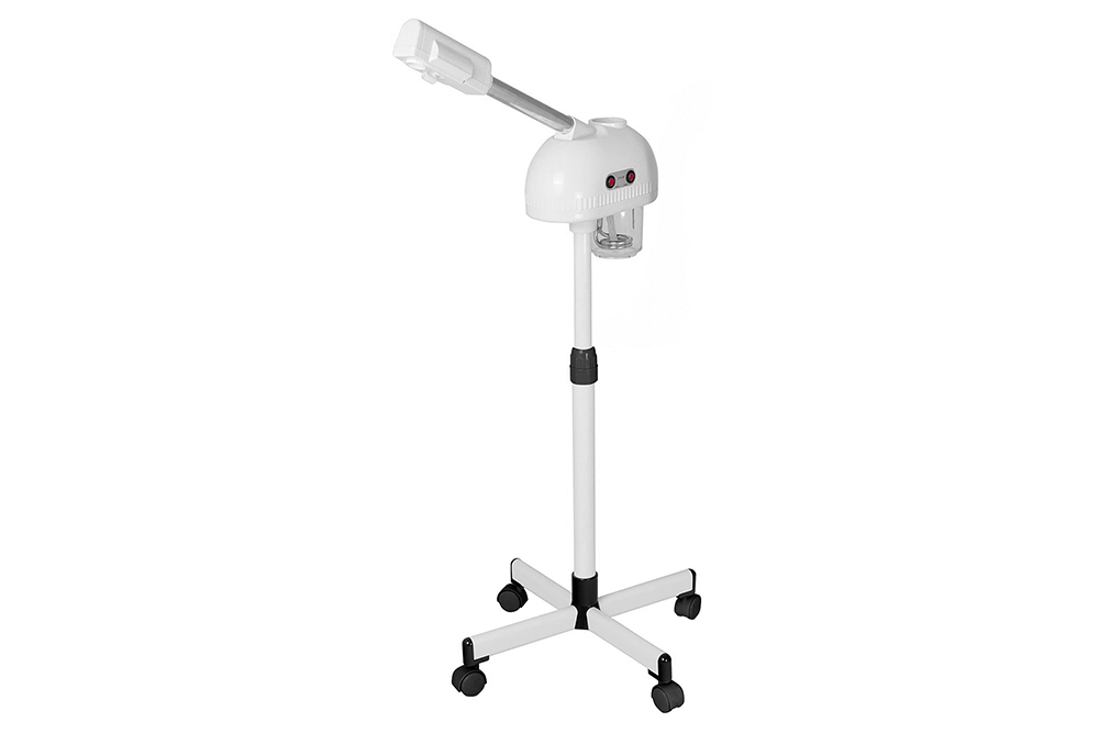 Aparelho de vapor facial branco com suporte em cruz e rodas