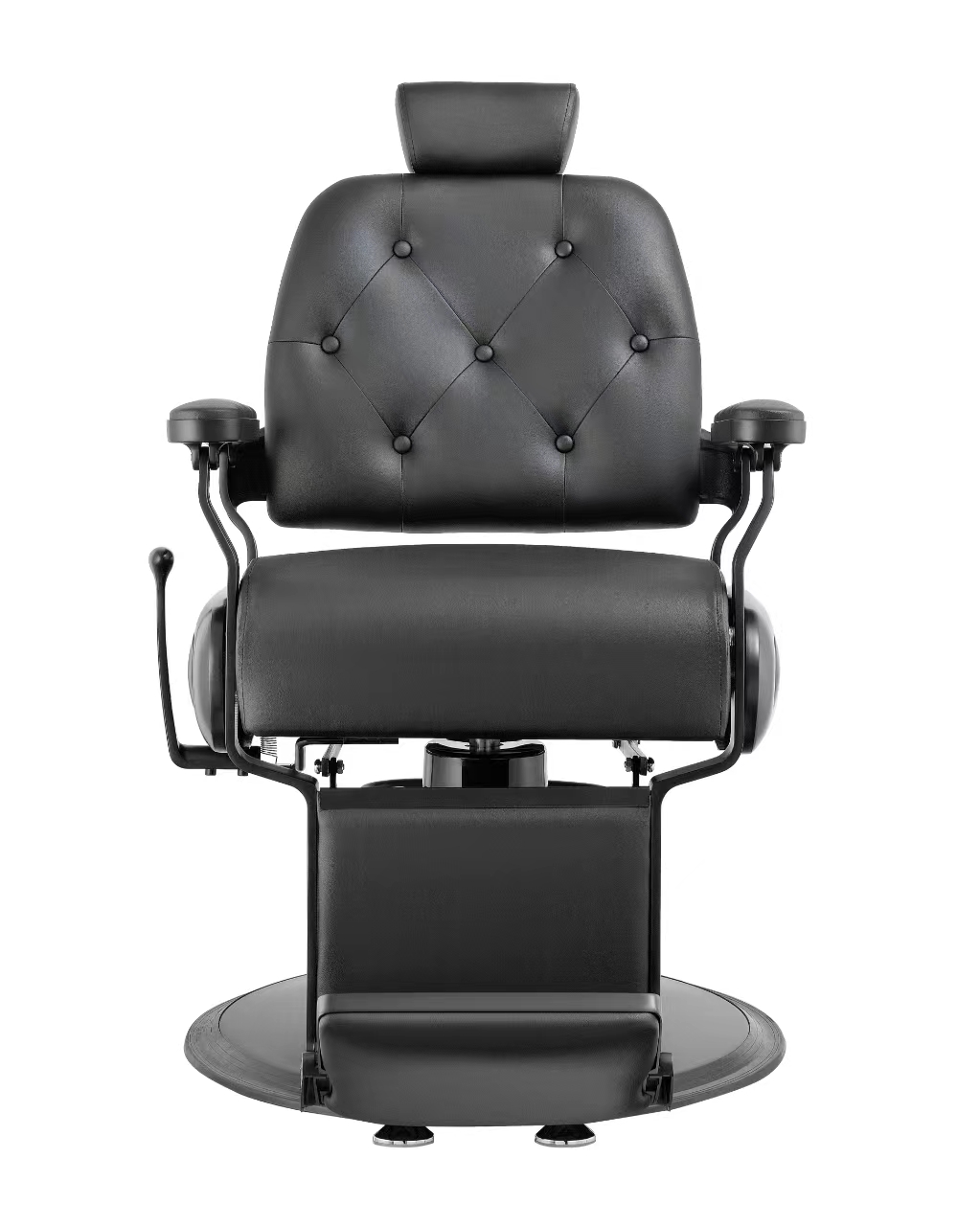 Cadeira de barbeiro preta em couro com estofado, base circular metálica