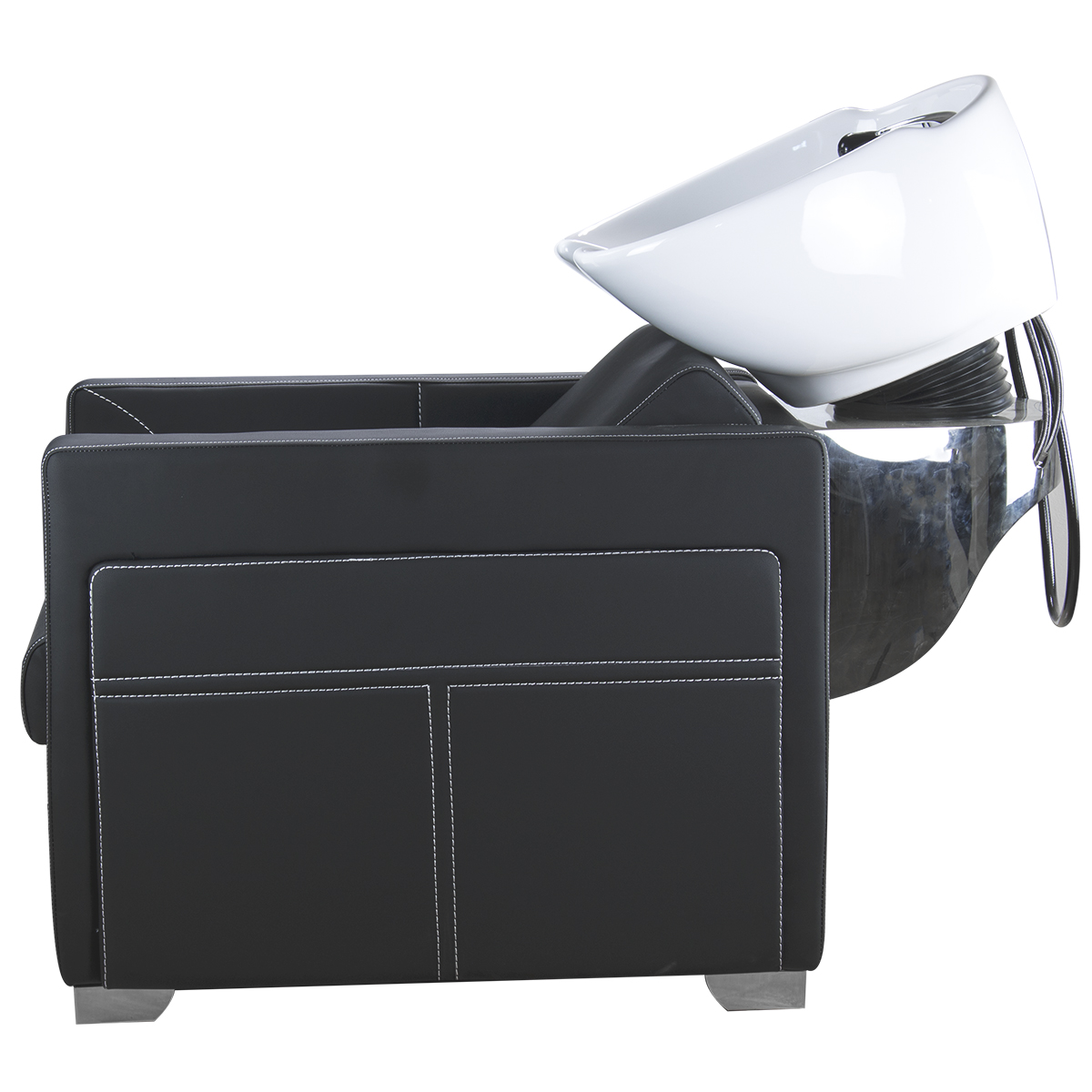 Cadeira de lavagem preta com lavatório branco para cabeleireiro