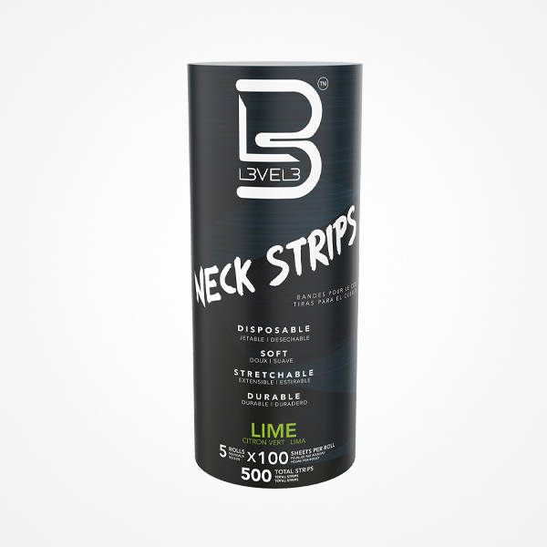 Embalagem cilíndrica preta LEVEL NECK STRIPS com texto branco e verde