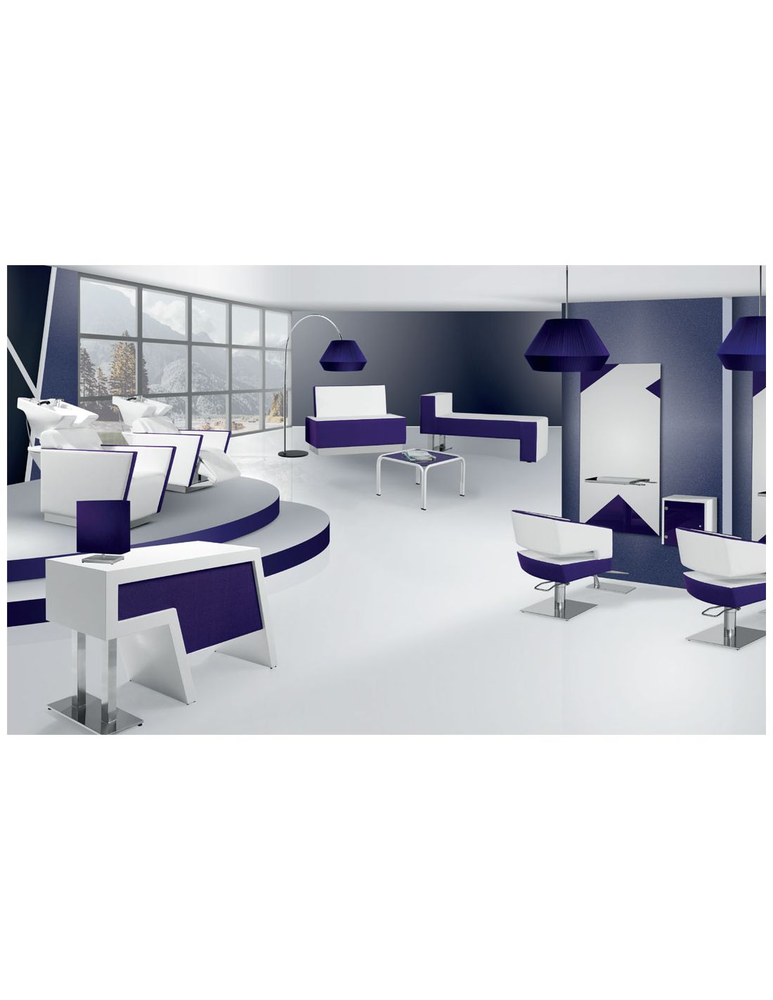 Sala de beleza moderna com mobiliário branco e roxo e luminárias pendentes geométricas roxas