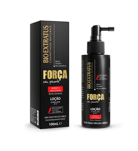 Embalagem e frasco preto com texto dourado e vermelho do produto BIOEXTRATUS FORÇA loção capilar 100ml