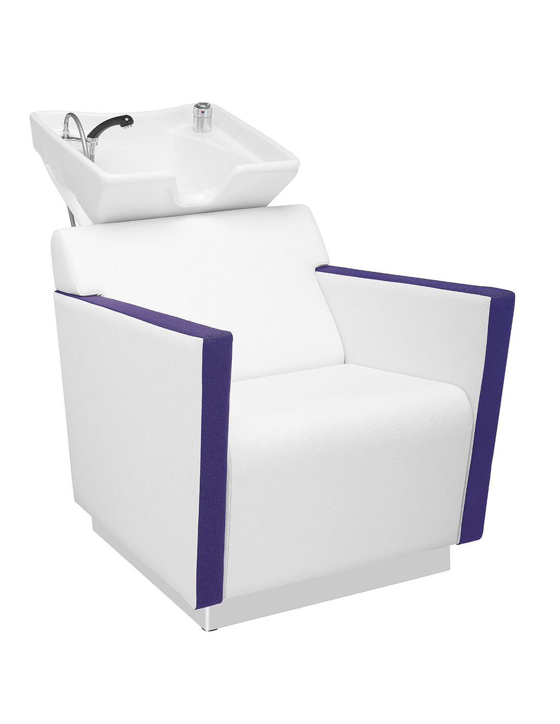 Cadeira para lavagem de cabelo com lavatório branco e detalhes roxos